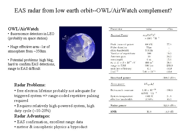 EAS radar from low earth orbit--OWL/Air. Watch complement? OWL/Air. Watch: • fluorescence detectors in