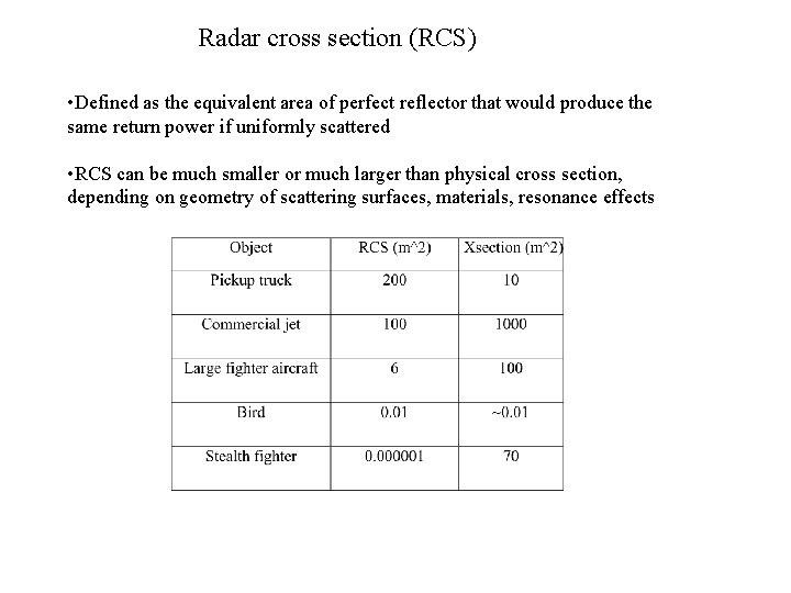 Radar cross section (RCS) • Defined as the equivalent area of perfect reflector that