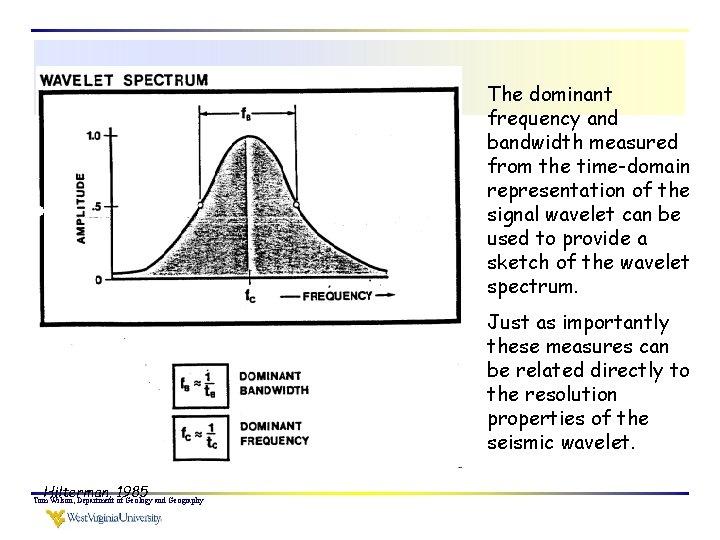 The dominant frequency and bandwidth measured from the time-domain representation of the signal wavelet