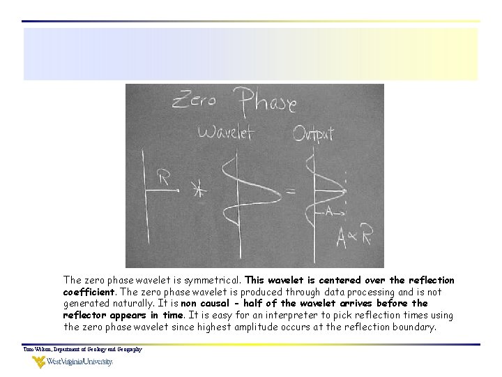 The zero phase wavelet is symmetrical. This wavelet is centered over the reflection coefficient.