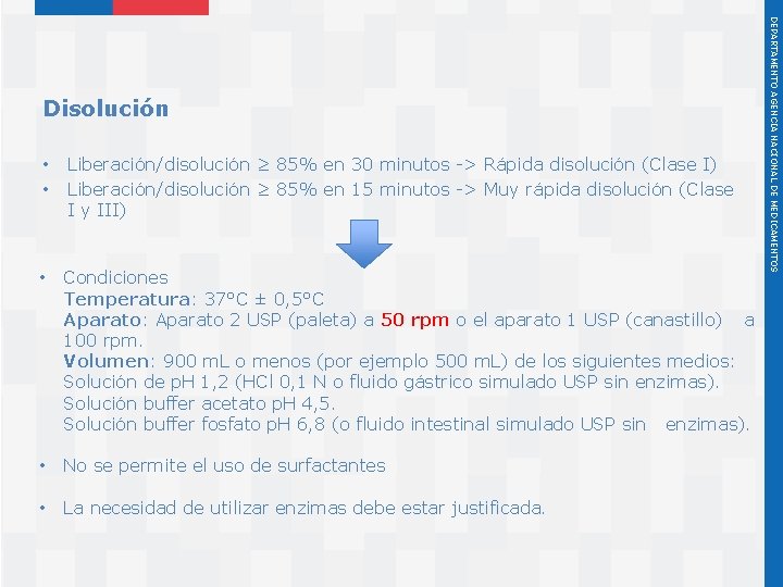  • • Liberación/disolución ≥ 85% en 30 minutos -> Rápida disolución (Clase I)