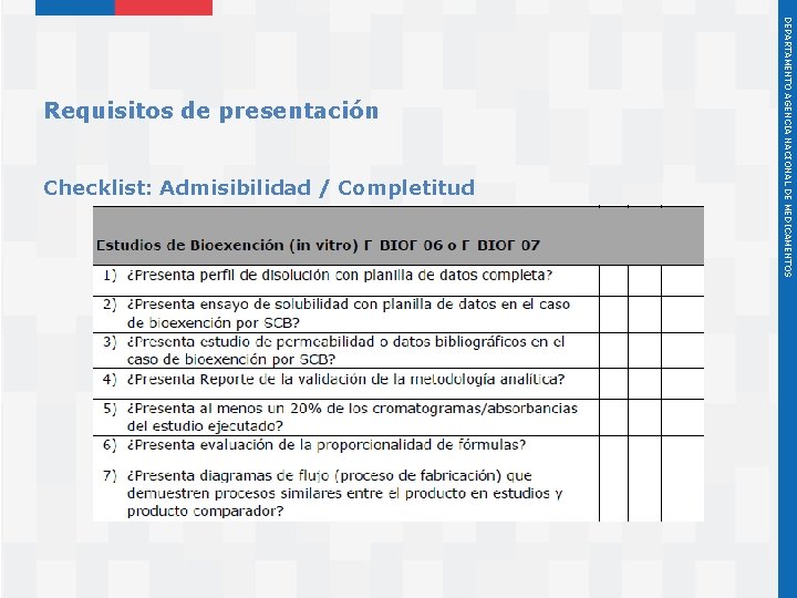 Checklist: Admisibilidad / Completitud Instituto de Salud Pública de Chile DEPARTAMENTO AGENCIA NACIONAL DE