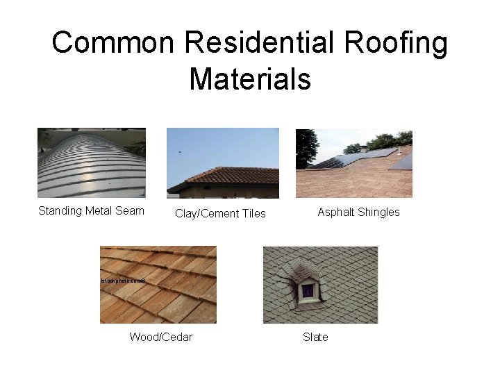 Common Residential Roofing Materials Standing Metal Seam Clay/Cement Tiles Asphalt Shingles Istockphoto. com® Wood/Cedar