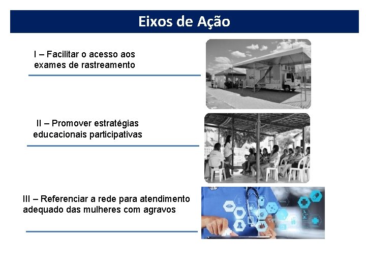 Eixos de Ação I – Facilitar o acesso aos exames de rastreamento II –