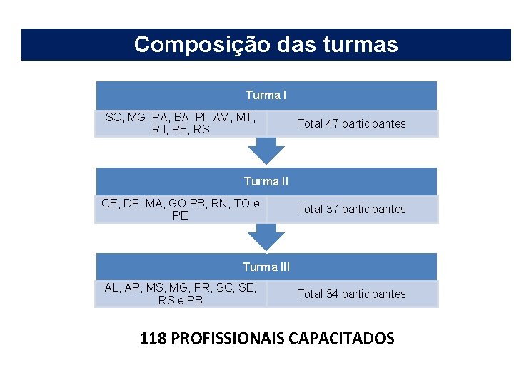 Composição das turmas Turma I SC, MG, PA, BA, PI, AM, MT, RJ, PE,