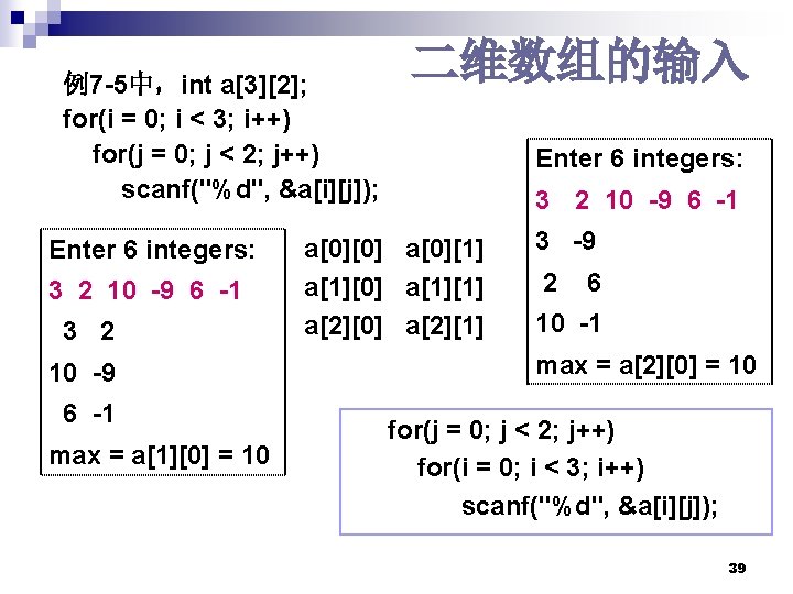 例7 -5中，int a[3][2]; for(i = 0; i < 3; i++) for(j = 0; j