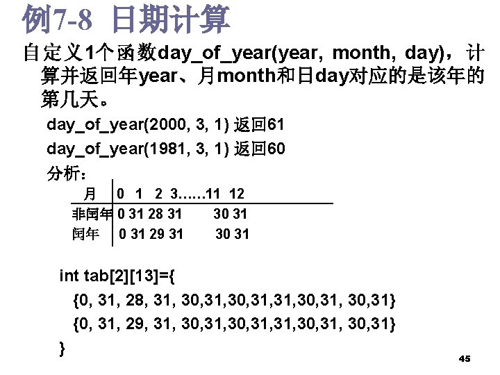 例7 -8 日期计算 自定义1个函数day_of_year(year, month, day)，计 算并返回年year、月month和日day对应的是该年的 第几天。 day_of_year(2000, 3, 1) 返回 61 day_of_year(1981,
