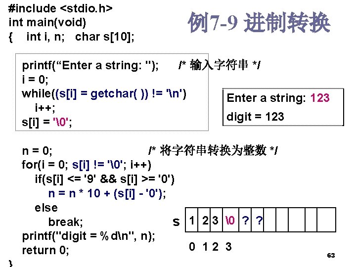 #include <stdio. h> int main(void) { int i, n; char s[10]; 例7 -9 进制转换