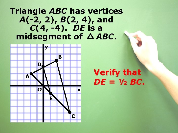 Triangle ABC has vertices A(-2, 2), B(2, 4), and C(4, -4). DE is a