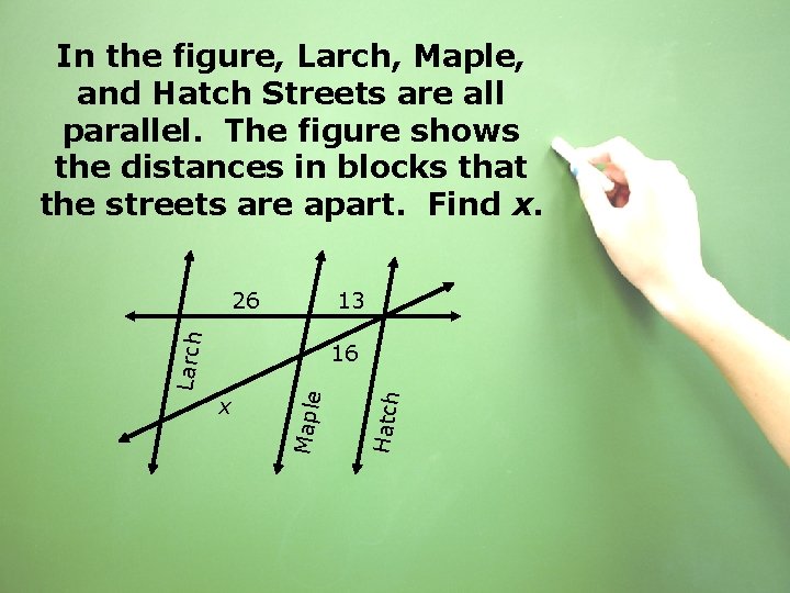In the figure, Larch, Maple, and Hatch Streets are all parallel. The figure shows