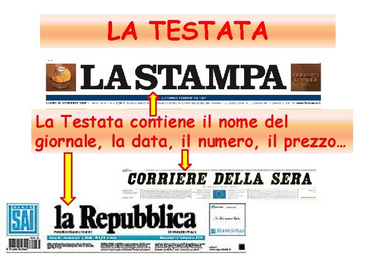 LA TESTATA La Testata contiene il nome del giornale, la data, il numero, il