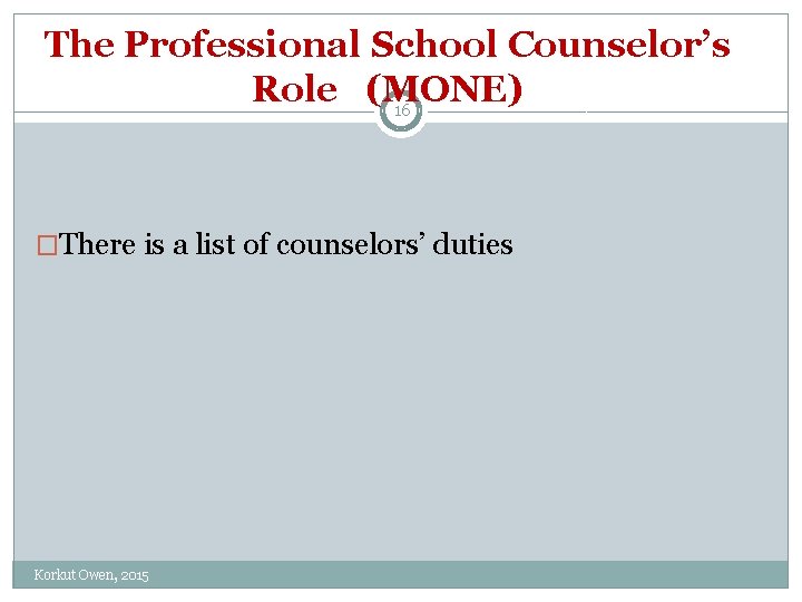The Professional School Counselor’s Role (MONE) 16 �There is a list of counselors’ duties
