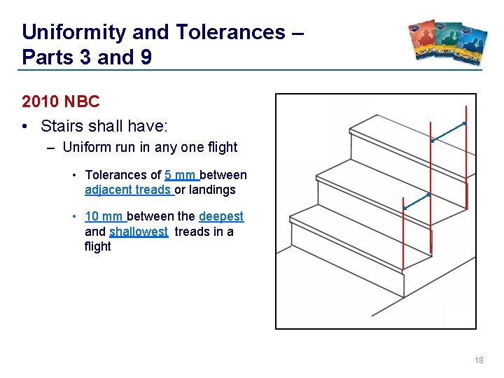 Uniformity and Tolerances – Parts 3 and 9 2010 NBC • Stairs shall have: Uniformity and Tolerances – Parts 3 and 9 2010 NBC • Stairs shall have: