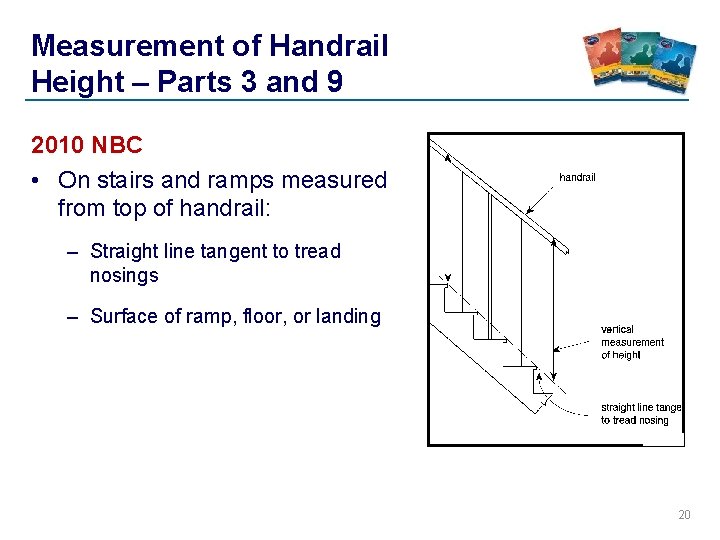 Measurement of Handrail Height – Parts 3 and 9 2010 NBC • On stairs Measurement of Handrail Height – Parts 3 and 9 2010 NBC • On stairs