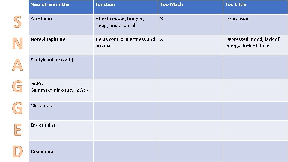 S N A G G E D Neurotransmitter Function Too Much Too Little Serotonin