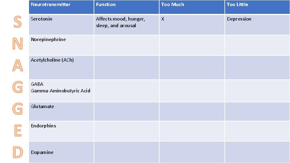 S N A G G E D Neurotransmitter Function Too Much Too Little Serotonin