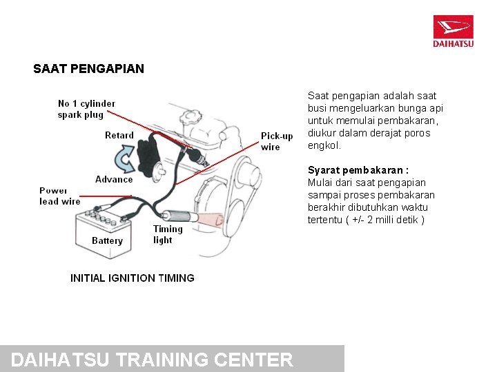 SAAT PENGAPIAN Saat pengapian adalah saat busi mengeluarkan bunga api untuk memulai pembakaran, diukur