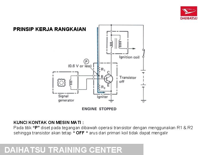 PRINSIP KERJA RANGKAIAN KUNCI KONTAK ON MESIN MATI : Pada titik “P” diset pada