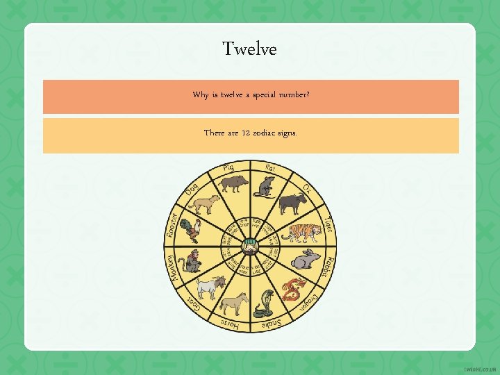 Twelve Why is twelve a special number? There are 12 zodiac signs. 