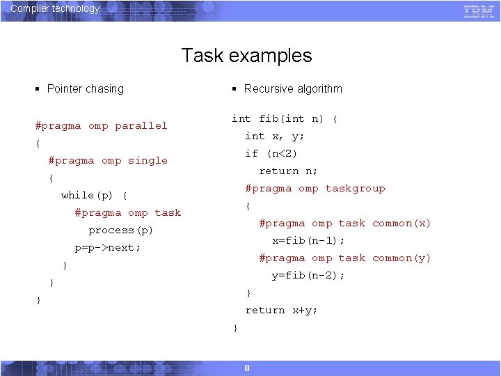 Compiler technology Task examples § Pointer chasing #pragma omp parallel § Recursive algorithm int