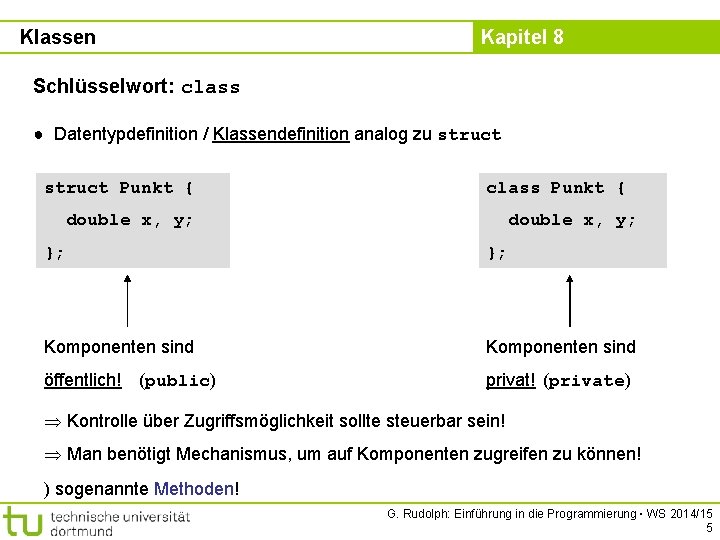 Klassen Kapitel 8 Schlüsselwort: class ● Datentypdefinition / Klassendefinition analog zu struct Punkt {