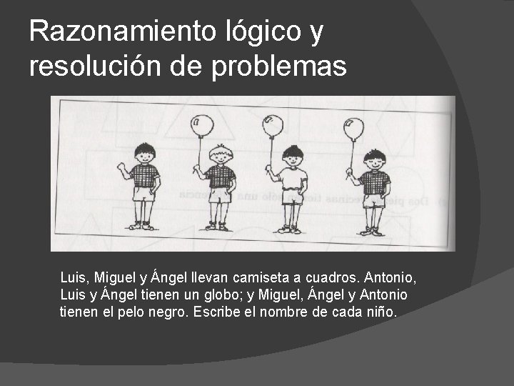 Razonamiento lógico y resolución de problemas Luis, Miguel y Ángel llevan camiseta a cuadros.