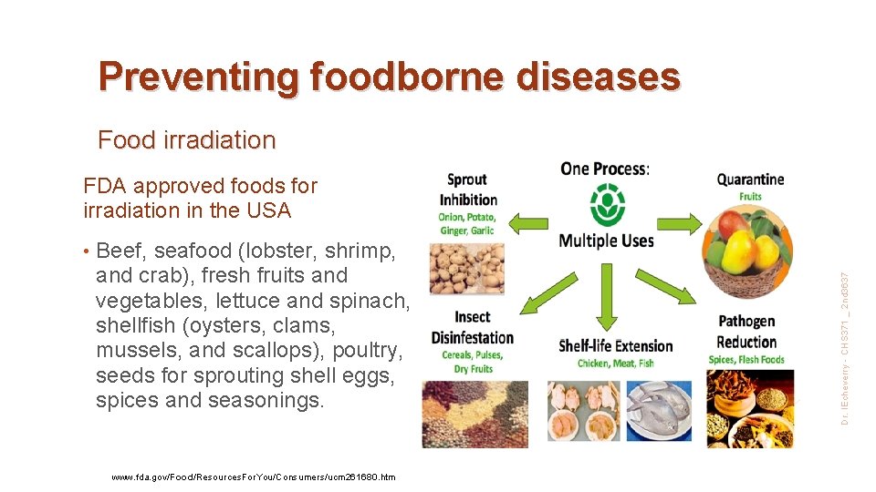 Preventing foodborne diseases Food irradiation • Beef, seafood (lobster, shrimp, and crab), fresh fruits