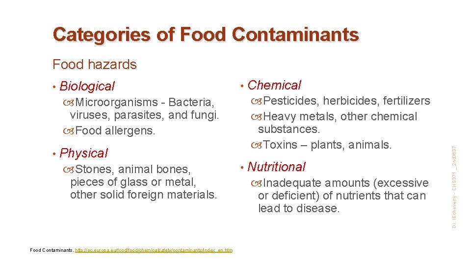 Categories of Food Contaminants Food hazards Microorganisms - Bacteria, viruses, parasites, and fungi. Food