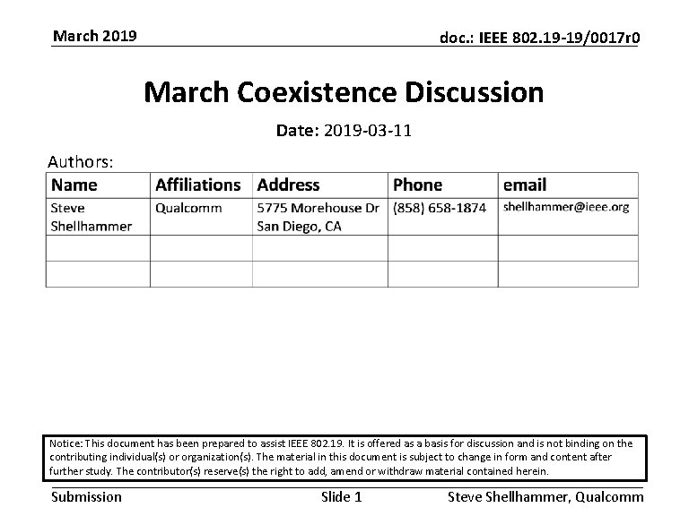 March 2019 doc. : IEEE 802. 19 -19/0017 r 0 March Coexistence Discussion Date: