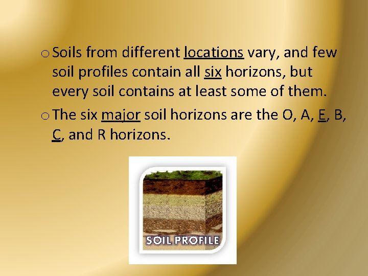 o Soils from different locations vary, and few soil profiles contain all six horizons,