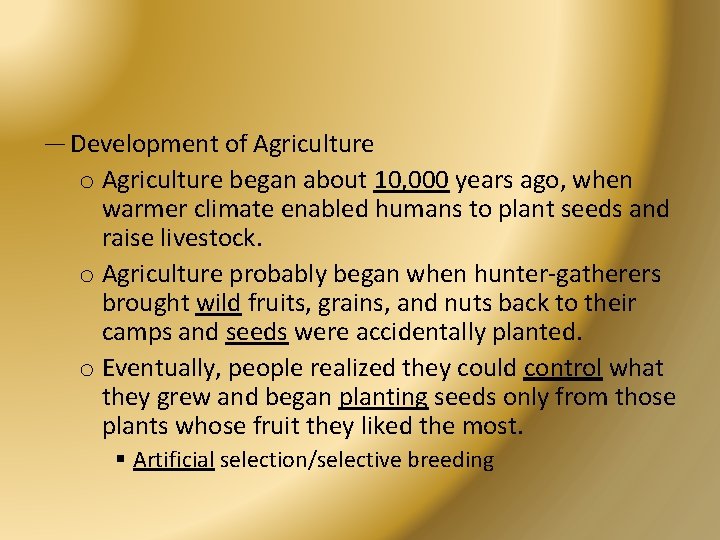 — Development of Agriculture o Agriculture began about 10, 000 years ago, when warmer