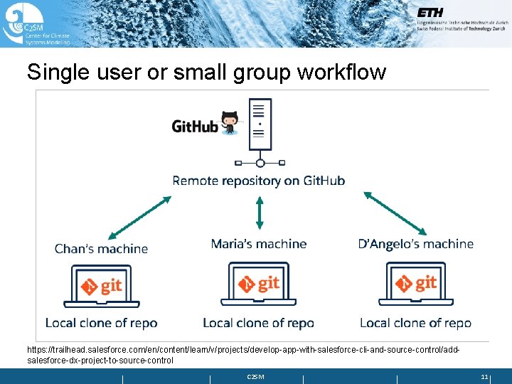 Single user or small group workflow https: //trailhead. salesforce. com/en/content/learn/v/projects/develop-app-with-salesforce-cli-and-source-control/addsalesforce-dx-project-to-source-control C 2 SM 11