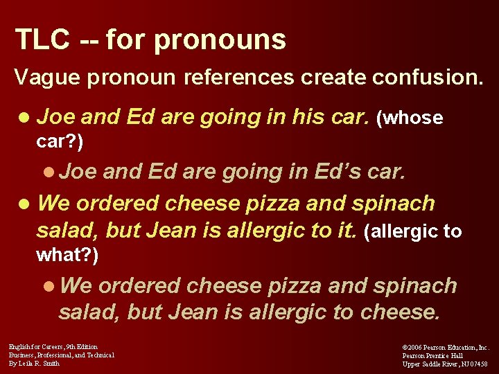 TLC -- for pronouns Vague pronoun references create confusion. l Joe and Ed are