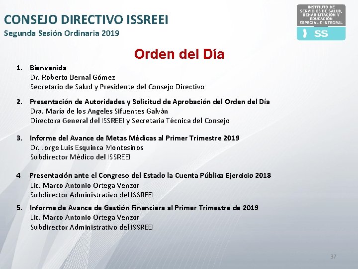 CONSEJO DIRECTIVO ISSREEI Segunda Sesión Ordinaria 2019 Orden del Día 1. Bienvenida Dr. Roberto