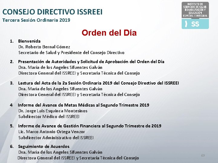 CONSEJO DIRECTIVO ISSREEI Tercera Sesión Ordinaria 2019 Orden del Día 1. Bienvenida Dr. Roberto