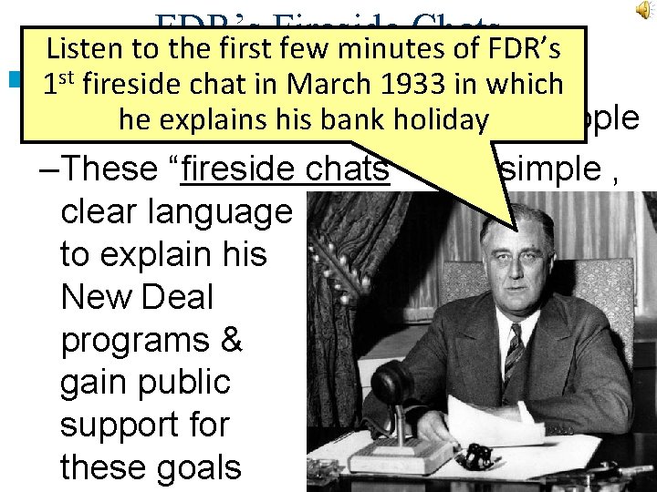 FDR’s Fireside Chats Listen to the first few minutes of FDR’s ■ FDR usedchat