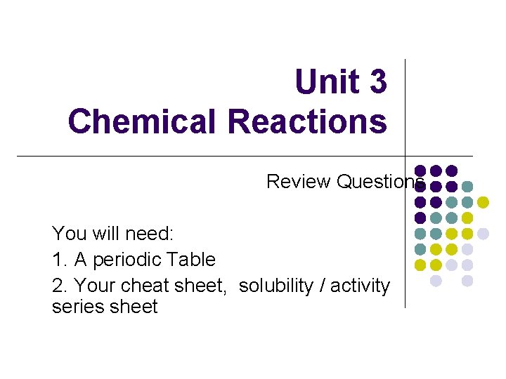 Unit 3 Chemical Reactions Review Questions You will need: 1. A periodic Table 2.