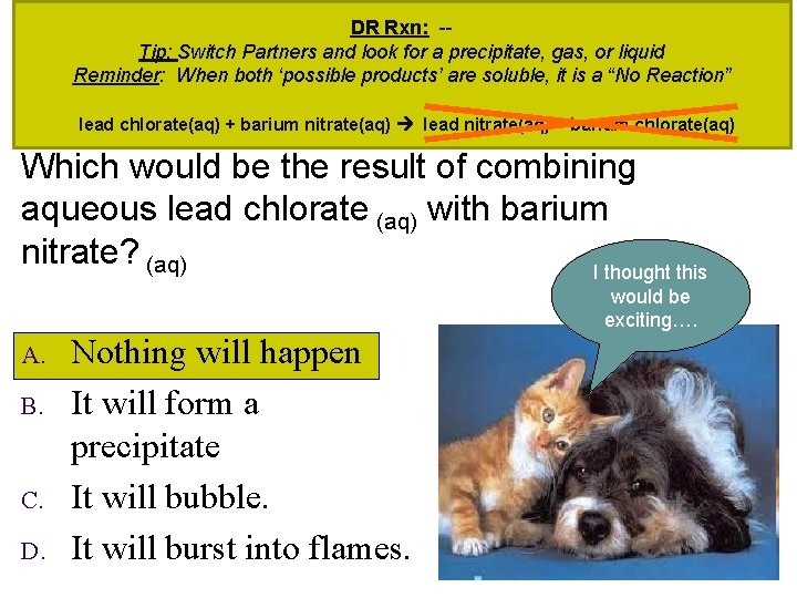 DR Rxn: -Tip: Switch Partners and look for a precipitate, gas, or liquid Reminder: