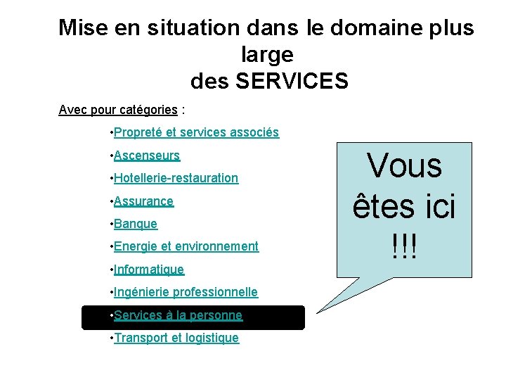 Mise en situation dans le domaine plus large des SERVICES Avec pour catégories :