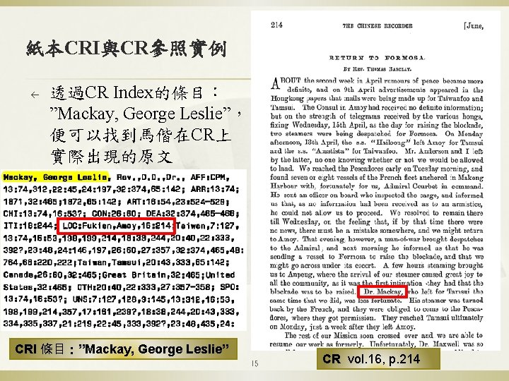 紙本CRI與CR參照實例 ß 透過CR Index的條目： ”Mackay, George Leslie”， 便可以找到馬偕在CR上 實際出現的原文 CRI 條目：”Mackay, George Leslie” 15