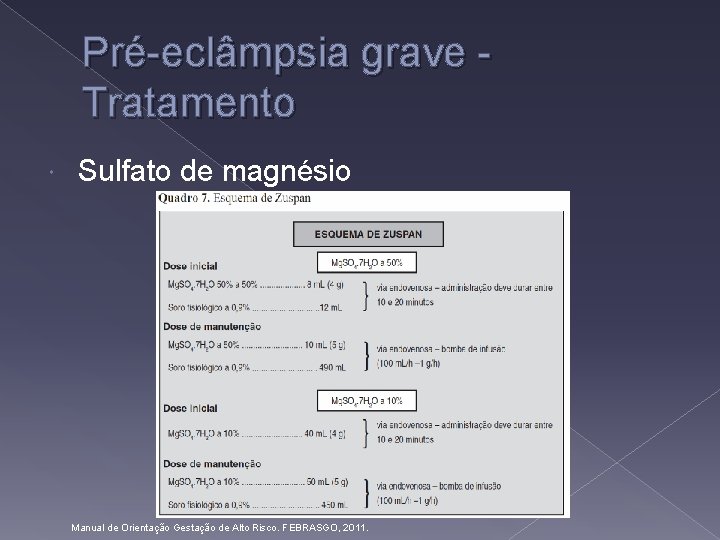 Pré-eclâmpsia grave Tratamento Sulfato de magnésio Manual de Orientação Gestação de Alto Risco. FEBRASGO,