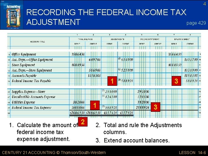 4 RECORDING THE FEDERAL INCOME TAX page 429 ADJUSTMENT 3 1 1 1. Calculate