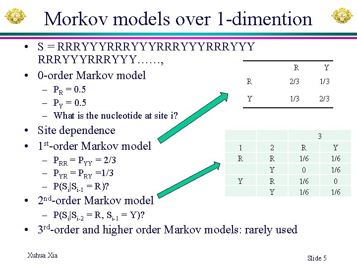 Morkov models over 1 -dimention • S = RRRYYYRRRYYY……, • 0 -order Markov model