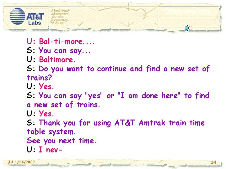 U: Bal-ti-more. . S: You can say. . . U: Baltimore. S: Do you