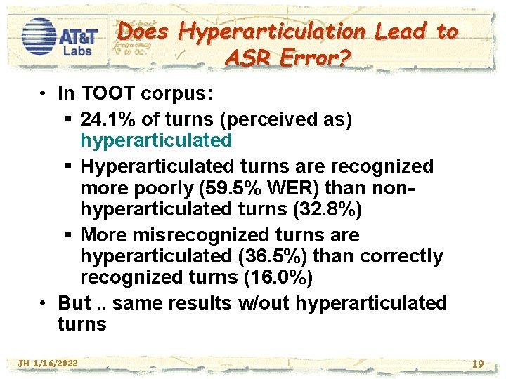 Does Hyperarticulation Lead to ASR Error? • In TOOT corpus: § 24. 1% of