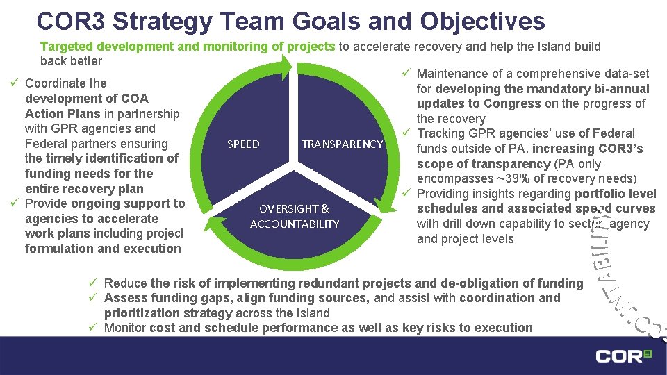 COR 3 Strategy Team Goals and Objectives Targeted development and monitoring of projects to