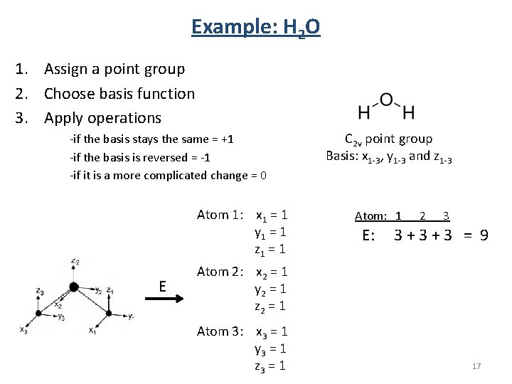 Example: H 2 O 1. Assign a point group 2. Choose basis function 3. Example: H 2 O 1. Assign a point group 2. Choose basis function 3.