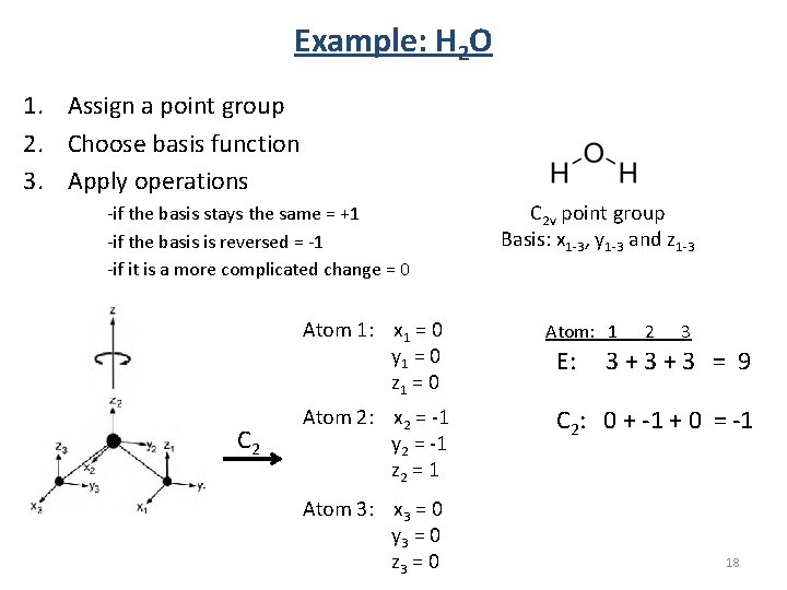 Example: H 2 O 1. Assign a point group 2. Choose basis function 3. Example: H 2 O 1. Assign a point group 2. Choose basis function 3.