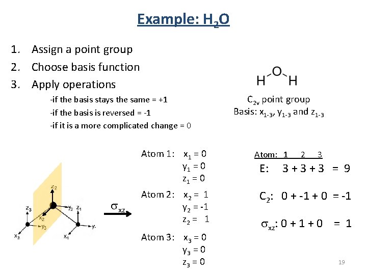 Example: H 2 O 1. Assign a point group 2. Choose basis function 3. Example: H 2 O 1. Assign a point group 2. Choose basis function 3.