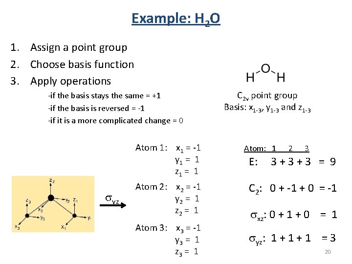 Example: H 2 O 1. Assign a point group 2. Choose basis function 3. Example: H 2 O 1. Assign a point group 2. Choose basis function 3.